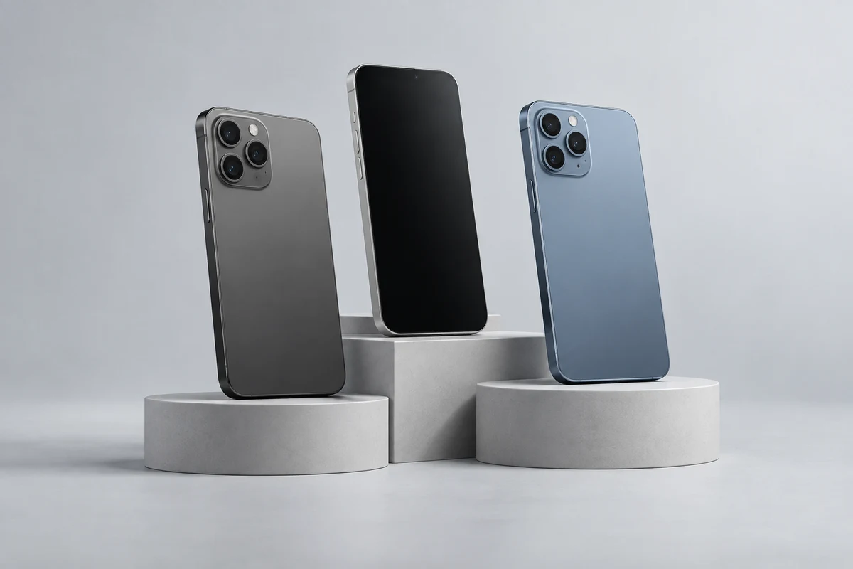 Illustrative smartphone collection on light stone display stands